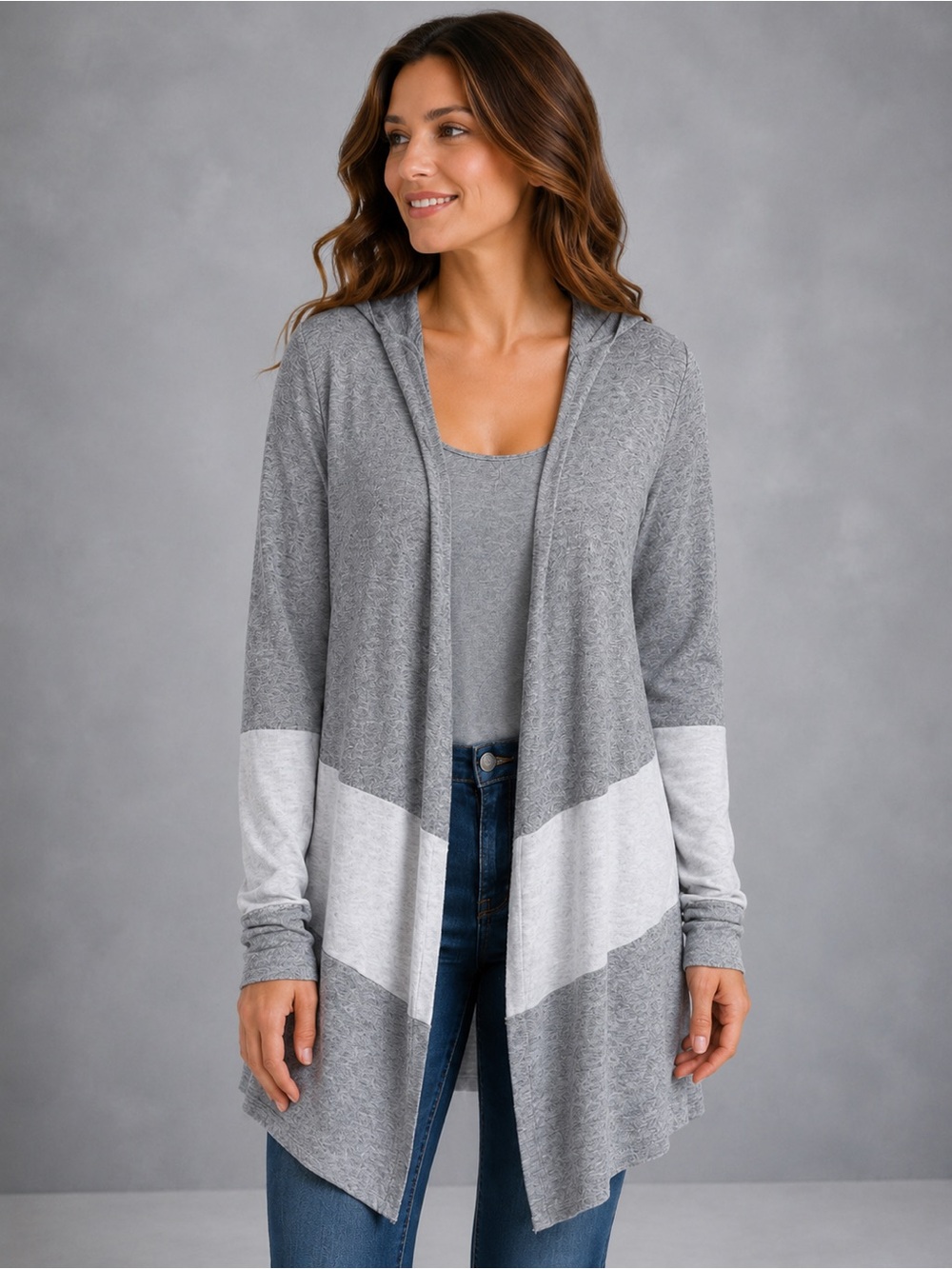 Olivia Sky Gray Colorblock Open Drape Hooded Raw Hem Cardigan